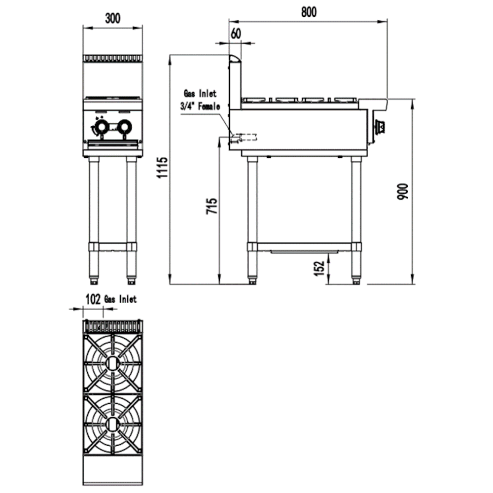 CookRite Two Burner Gas Cooktop Hob with base - 300mm width - LPG