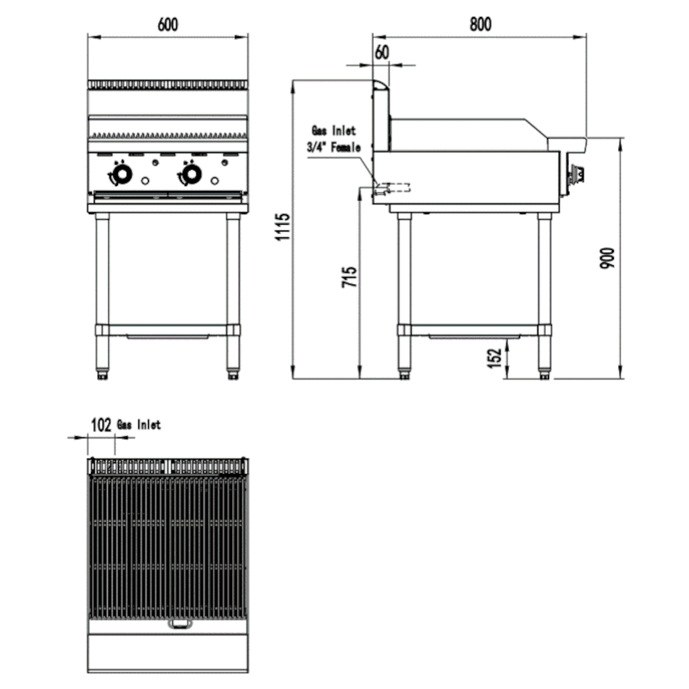 CookRite Two Burner Radiant Chargrill w/Base- 600MM width - Natural Gas
