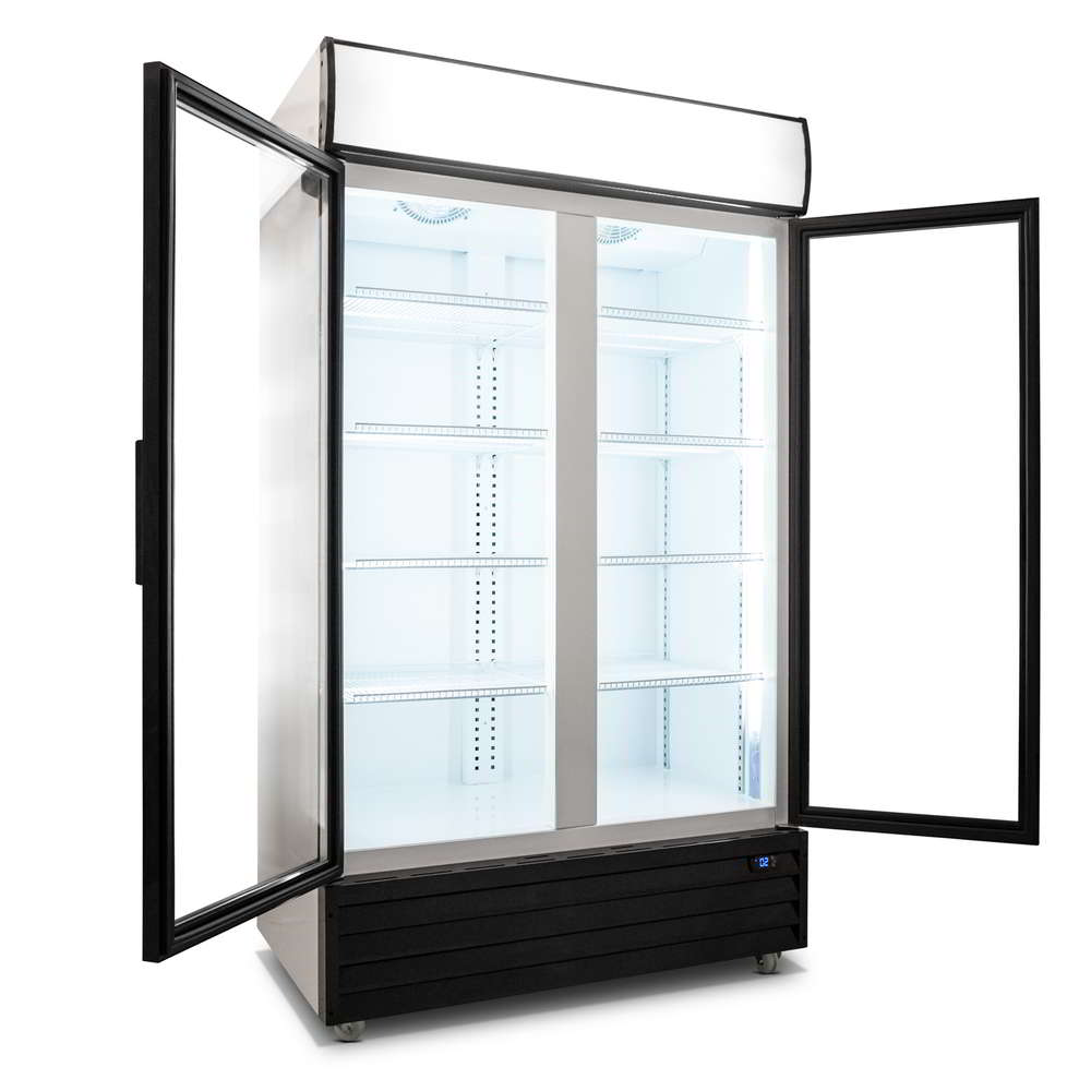 Angled view of the upright display fridge with both of the doors opened, both top light box and main cabin LED lights are on.