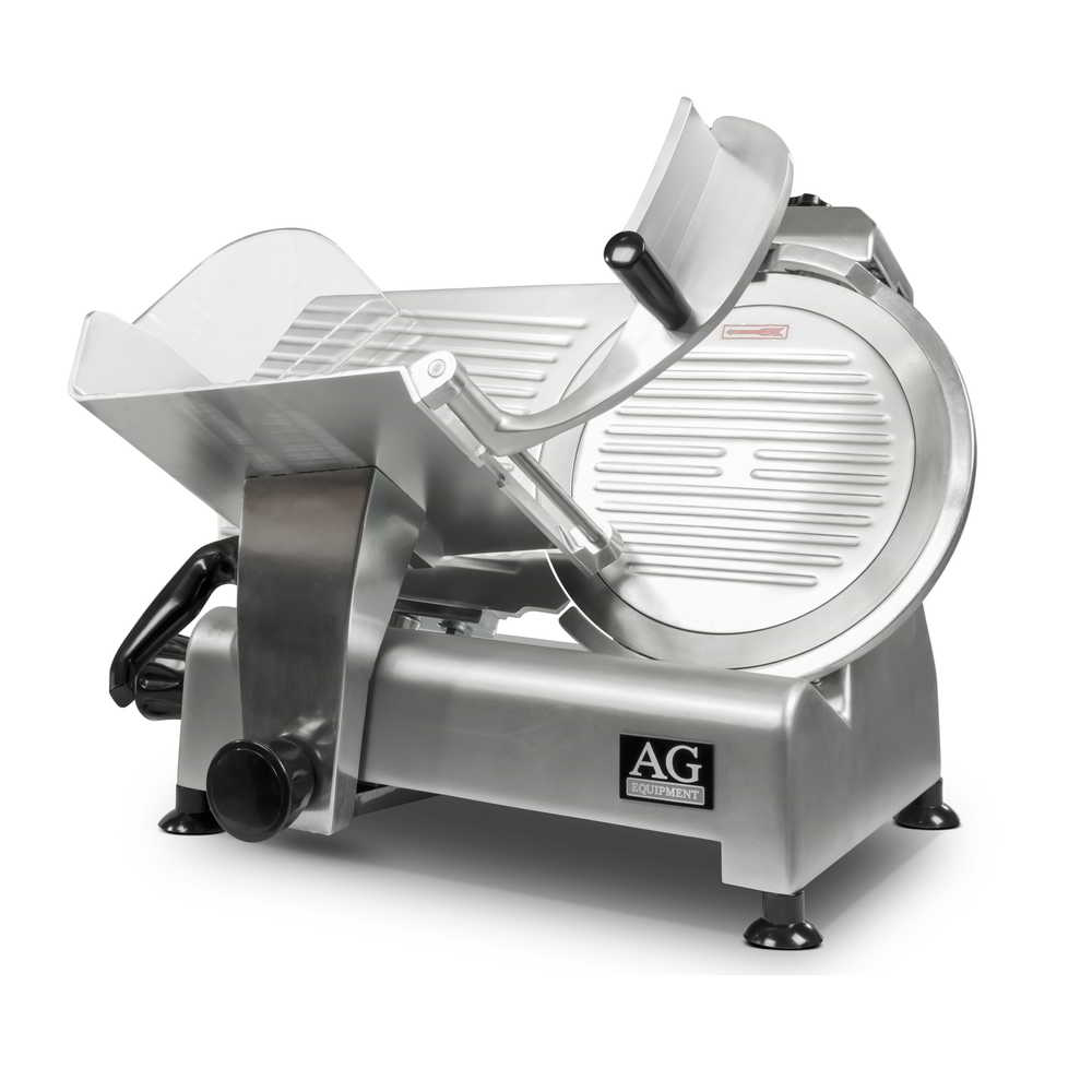 Angled view of a 300mm deli slicer with the sliding carriage away from the blade and the food holder arm up.