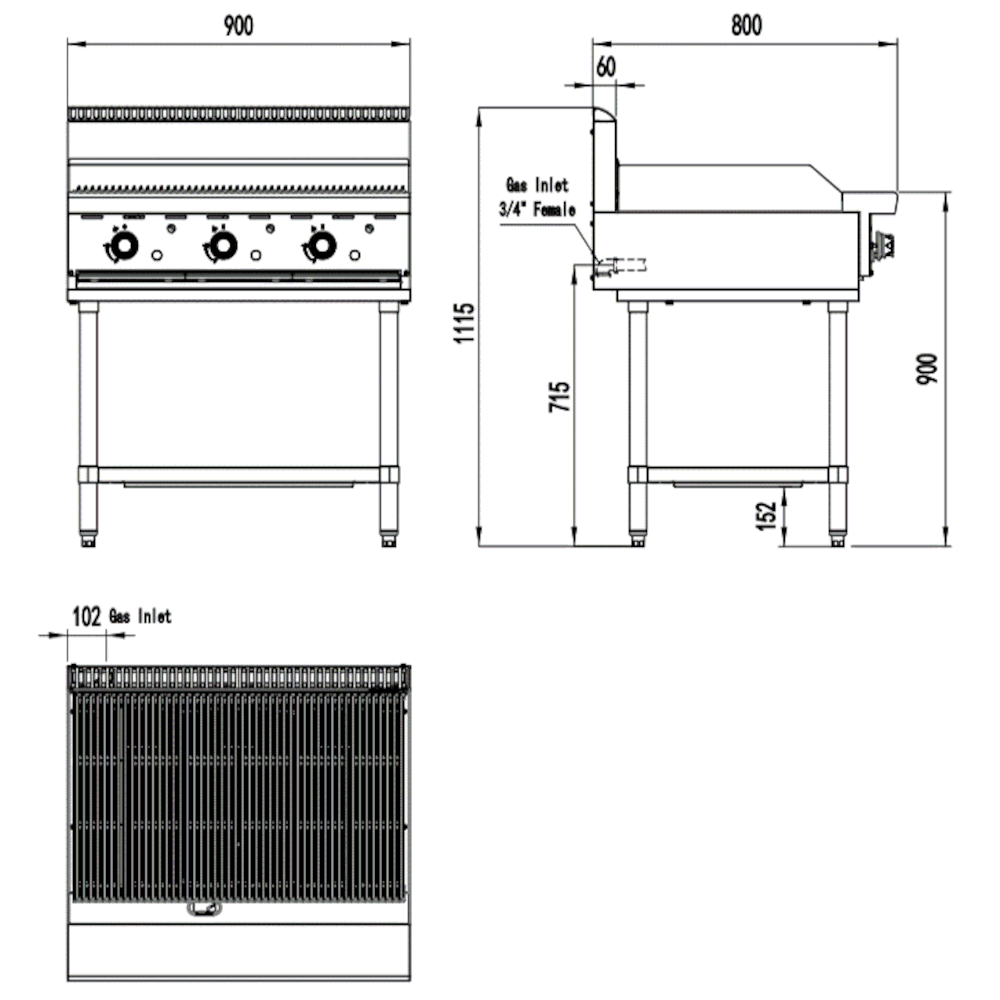 CookRite Three Burner Radiant Chargrill - 900MM width - LPG