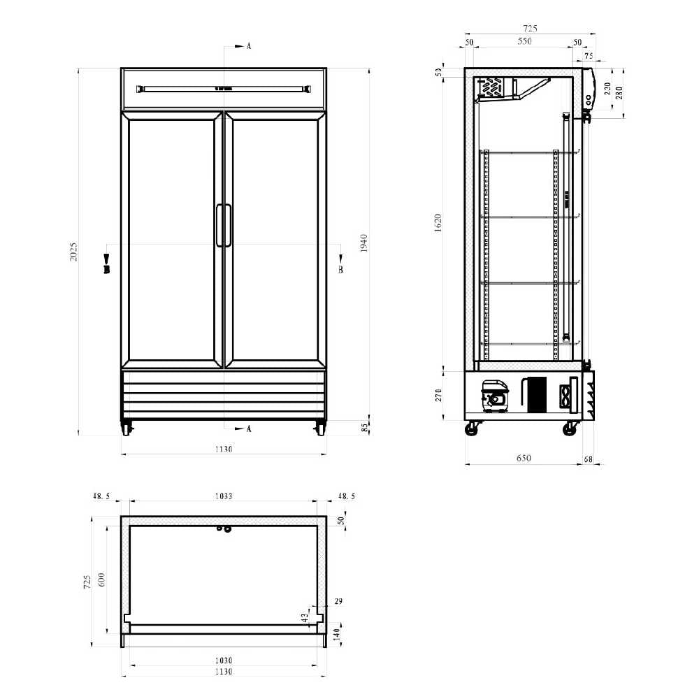 CAD drawing of the CU1000TNG model refrigerator. It shows the top, front and side view of the fridge with measurements.