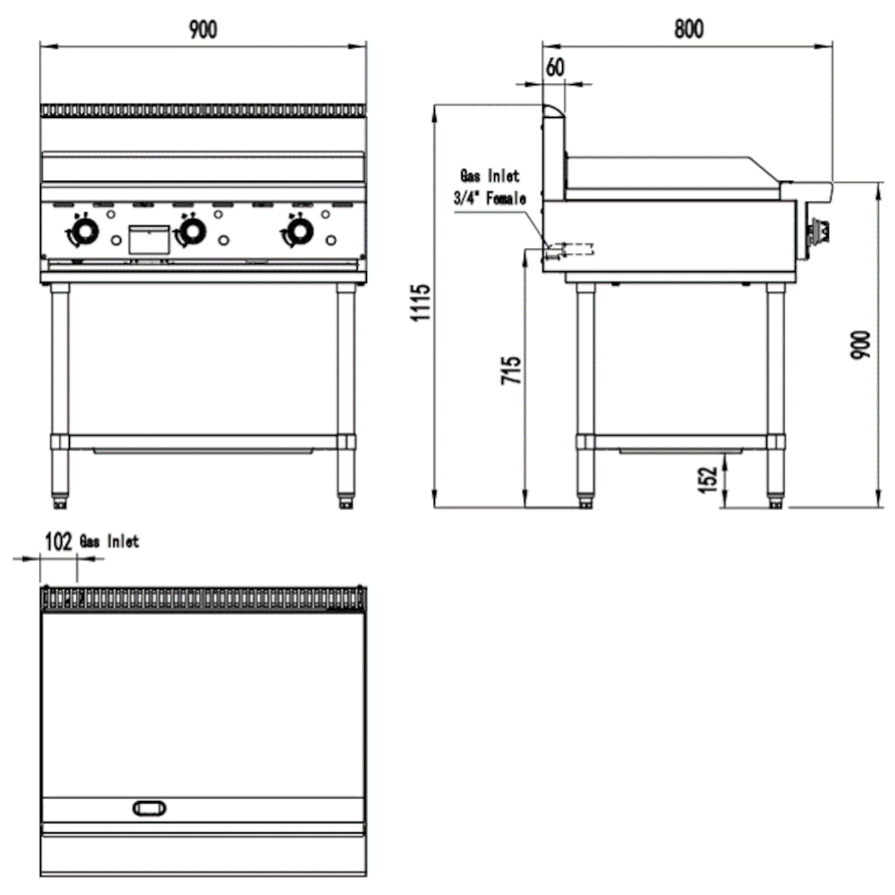 CookRite Three Burner Flat Griddle/Hotplate - 900MM WIDTH - LPG