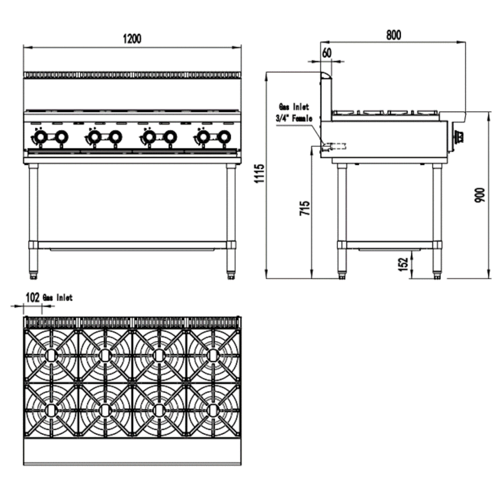 CookRite Eight Burner Gas Cooktop Hob - 1200mm width - LPG