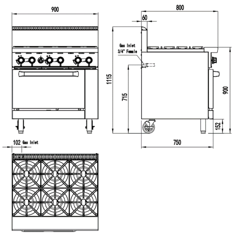 CookRite Six Burner Gas Cooktop with Oven - 900mm width - Natural Gas