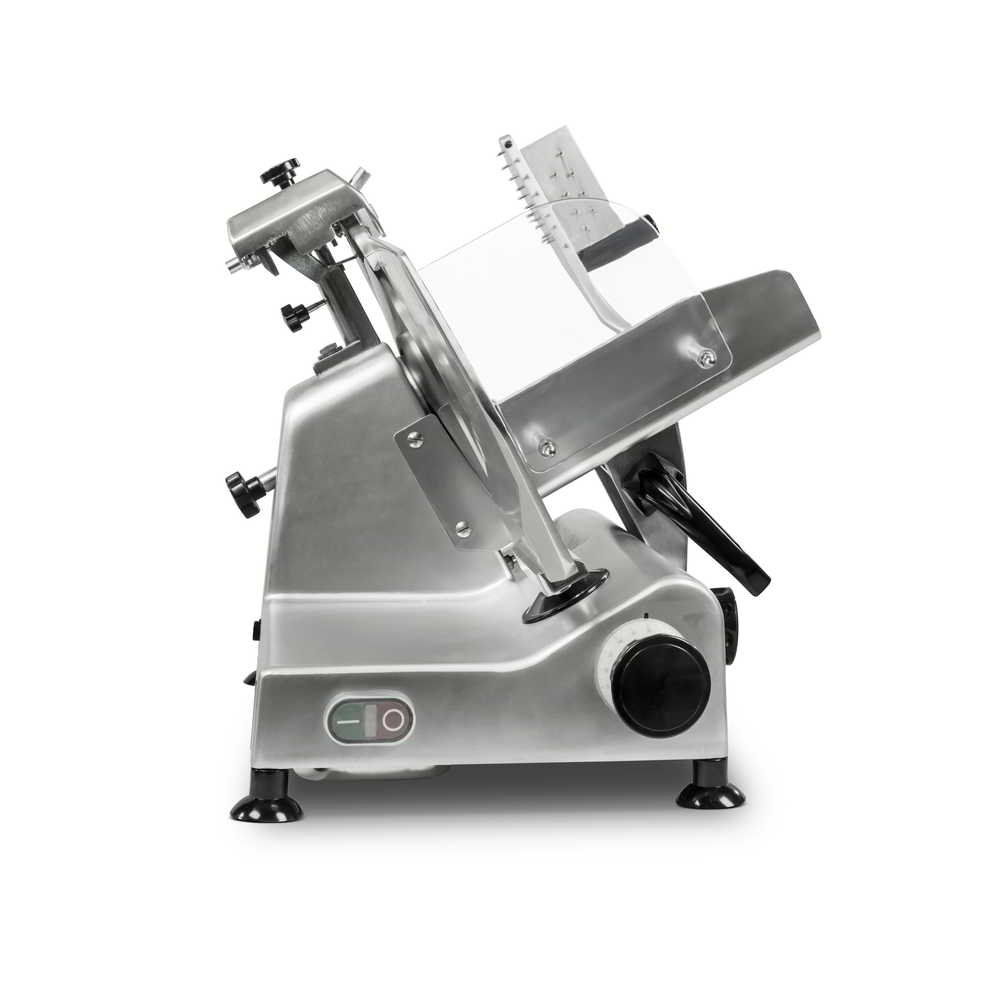 Left view of AG Equipment's 300ES-12 professional meat slicer featuring a 12" 300mm blade. The food holder arm is up.