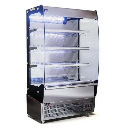 Angled view of open showcase display fridge with LED lighting on for each level.
