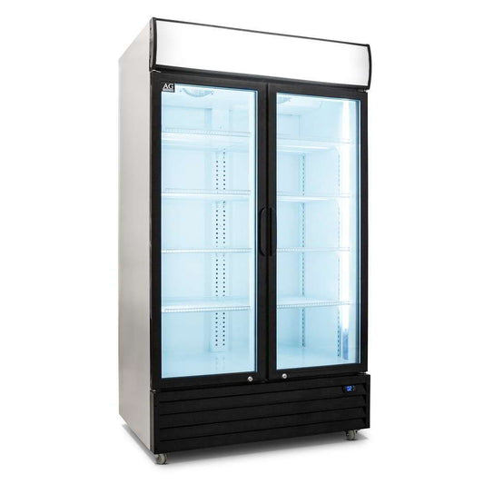 Angled view of the double door display fridge with doors closed, the top light box and the main cabin LED lighting turned on.