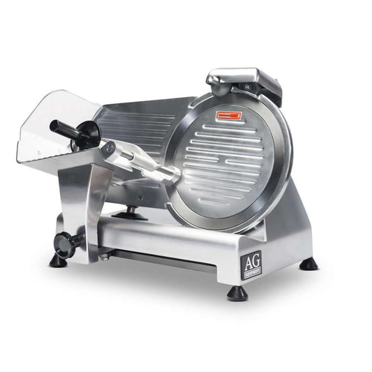 Angled view of a commercial meat slicer, the AG Equipment's 250ES-10, 10" 250mm blade model, in a neutral position.