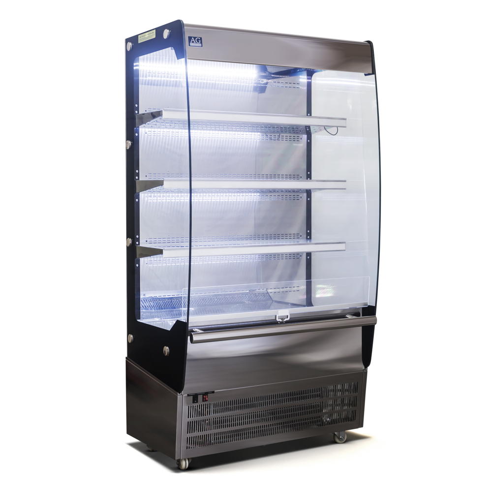 Angled view of AG Equipment's open front fridge with the clear curtain down and the LED lighting on for each level.