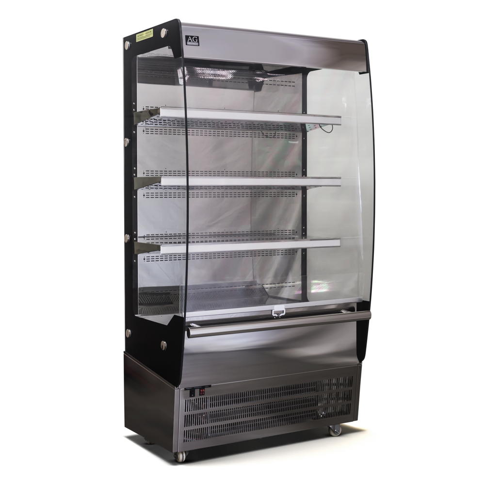 Angled view of AG Equipment's refrigerated open display case with the clear curtain down and the LED lighting turned off.