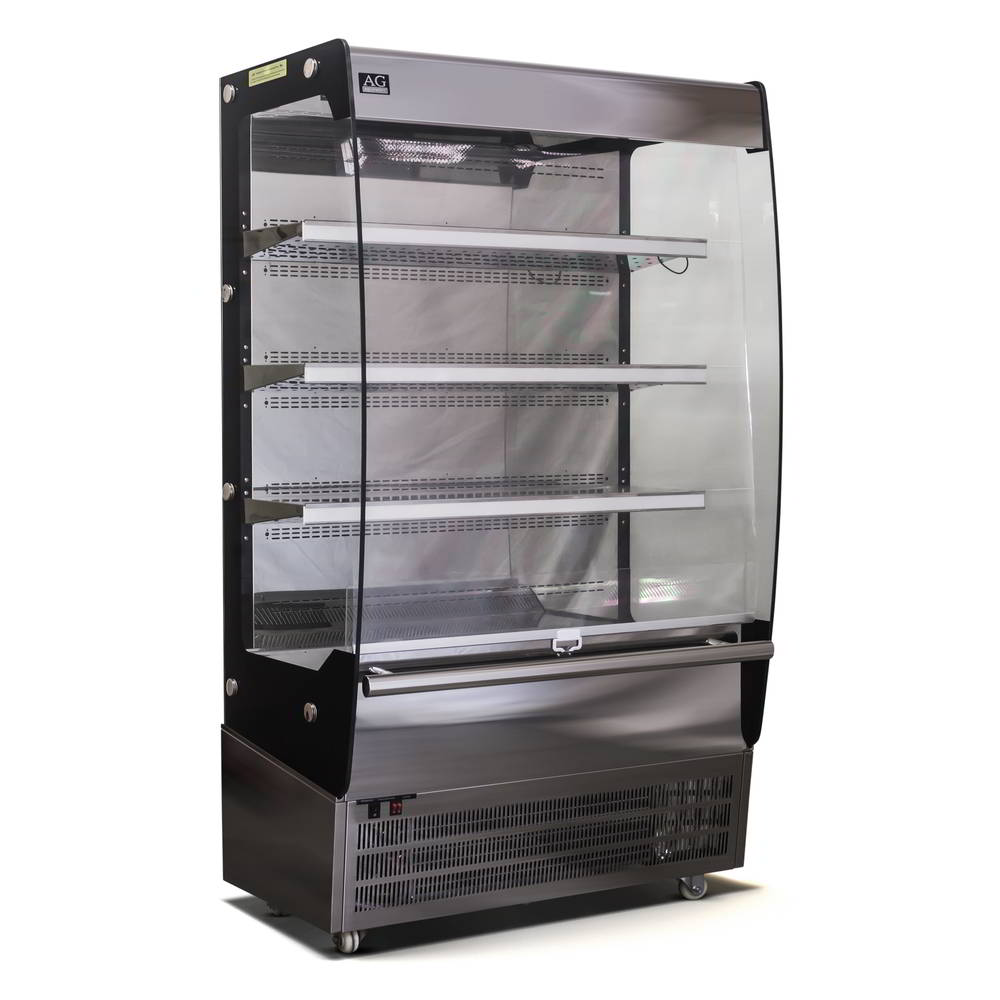 Angled view of AG Equipment's refrigerated open display case with the clear curtain down and the LED lighting turned off.