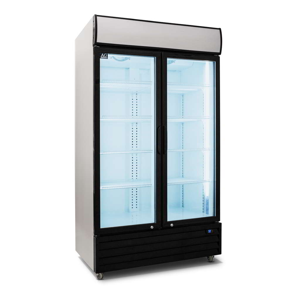Angled view of AG Equipment's 1000L display fridge with doors closed, the top light box is off and the cabin LEDs are on.
