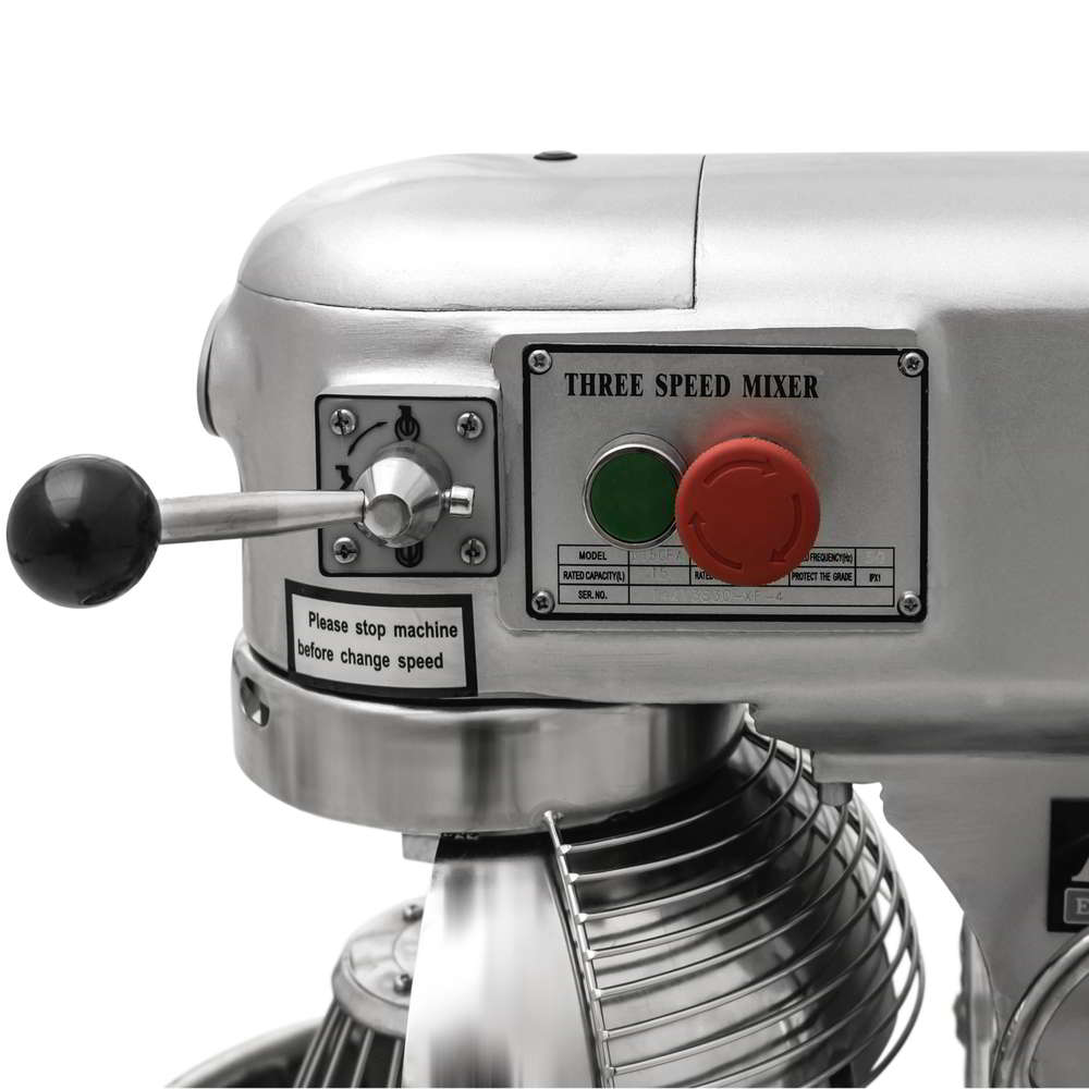 Close-up view of the right-hand side of a 15-litre planetary mixer detailing the 3-speeds selector, start and stop buttons.