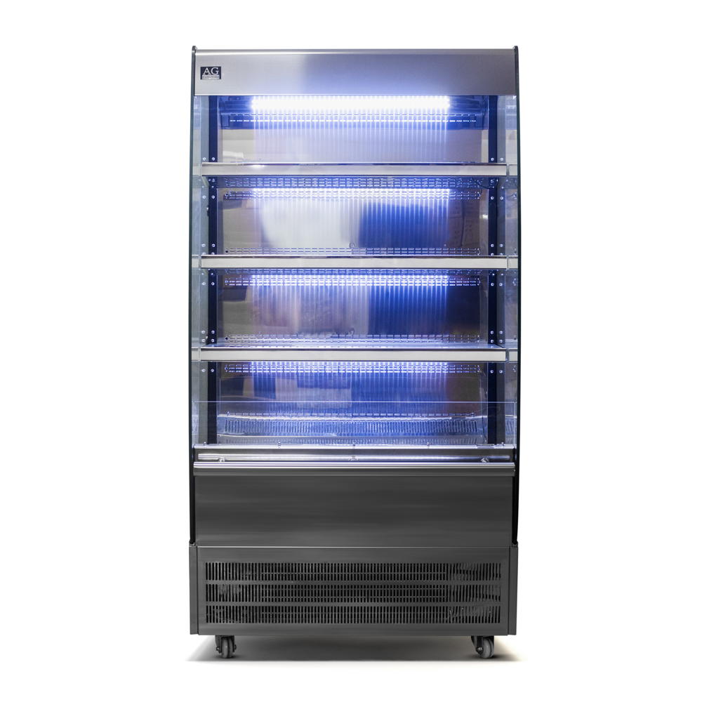 Front view of AG Equipment's merchandising open fridge with the LED lighting turned on.