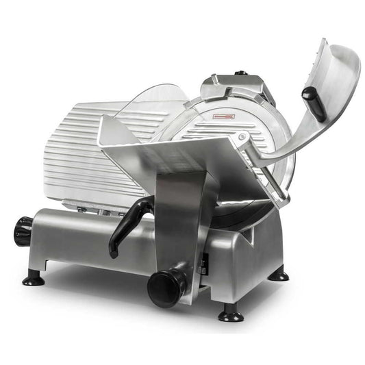 Angled view of a 300mm Commercial grade slicer with the sliding carriage toward the blade and the food holder arm up.