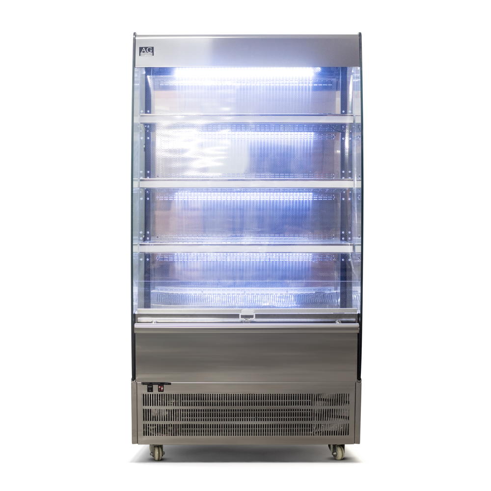 Front view of an open retail fridge with the clear curtain down and the LED lighting turned on.