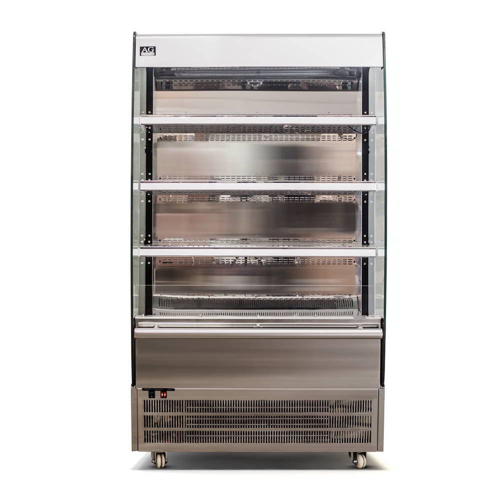Front view of an open self-serve fridge with the LED lighting turned off.