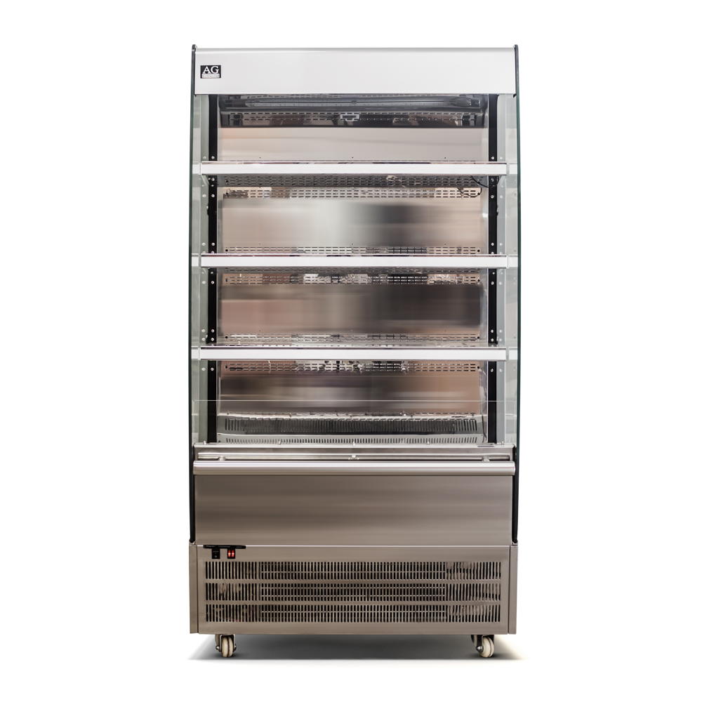 Front view of an open self-serve fridge with the LED lighting turned off.