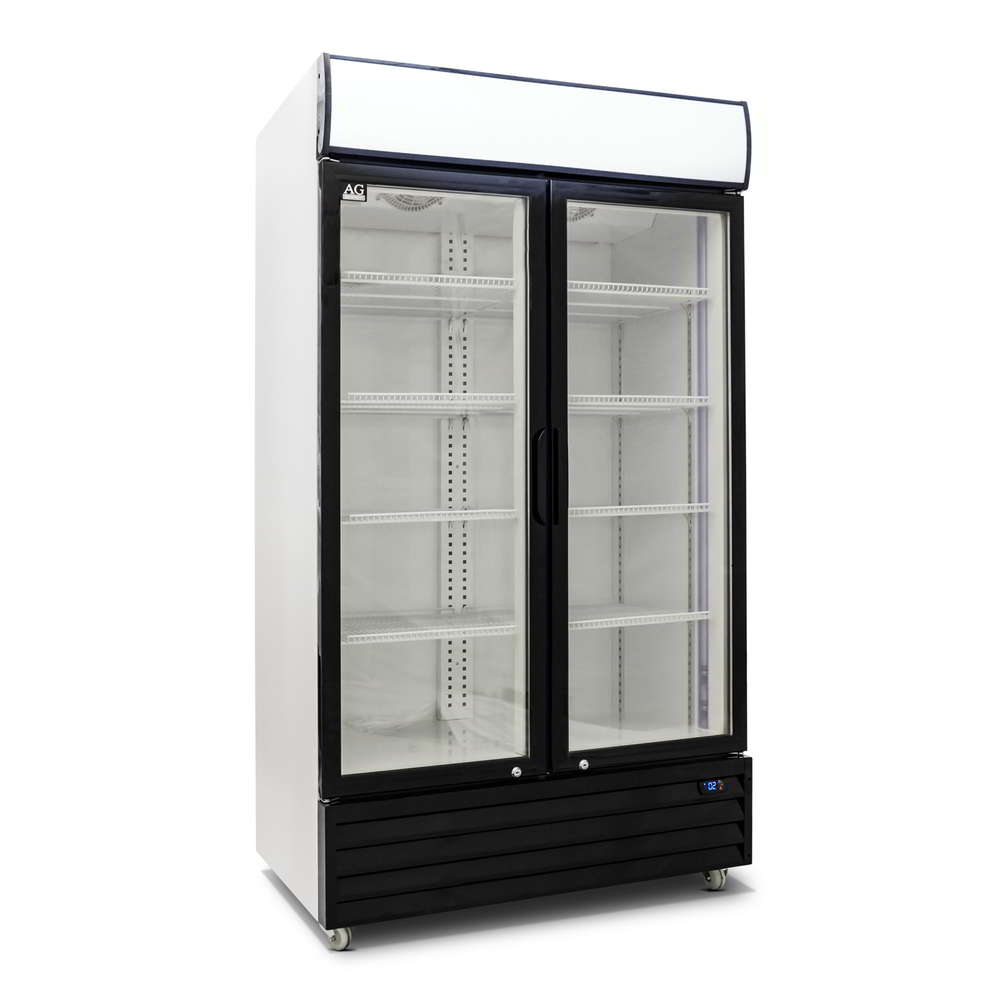 Angled view of a refrigerated display cabinet with doors closed, the top light box is on and the main cabin LEDs are off.