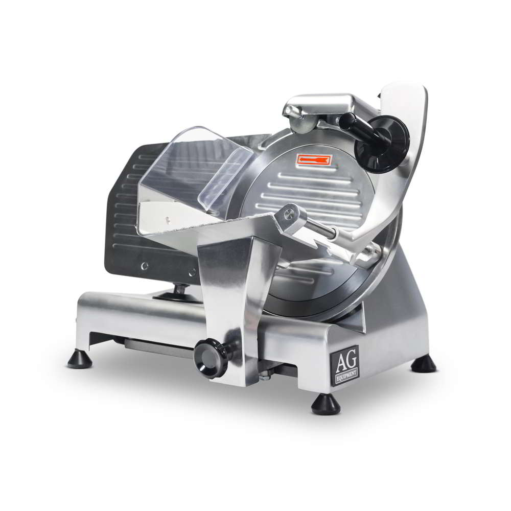 Angled view of a 250mm Commercial grade slicer with the sliding carriage toward the blade and the food holder arm up.
