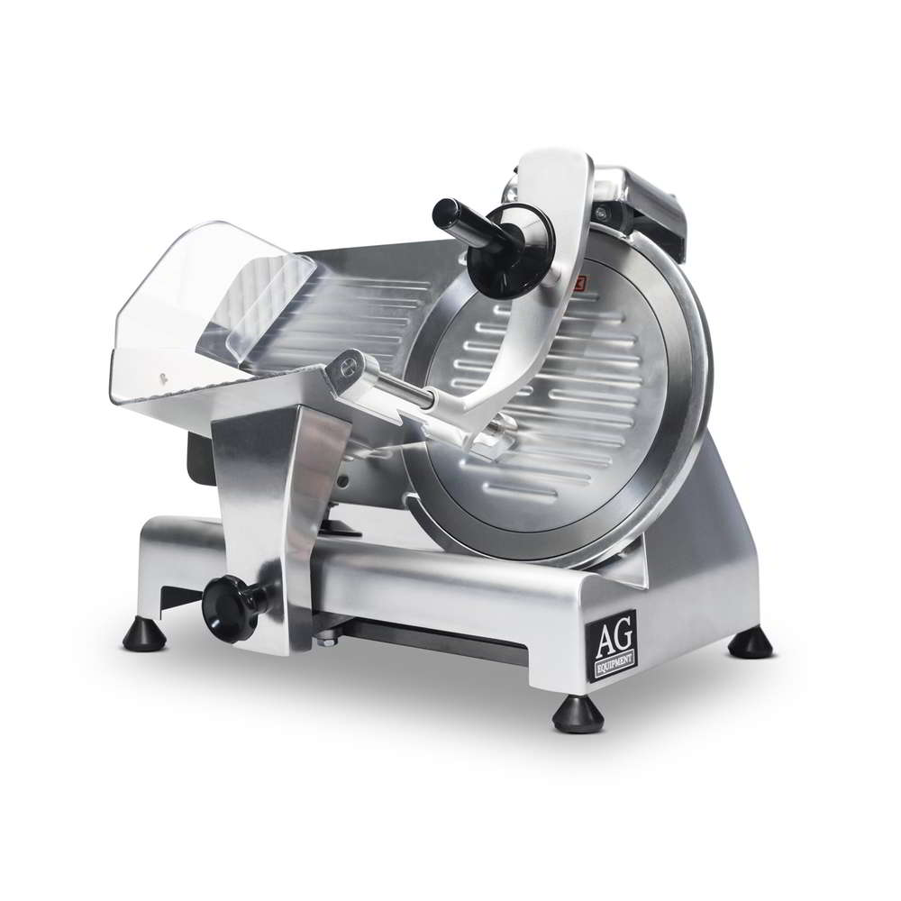 Angled view of a 250mm deli slicer with the sliding carriage away from the blade and the food holder arm up.