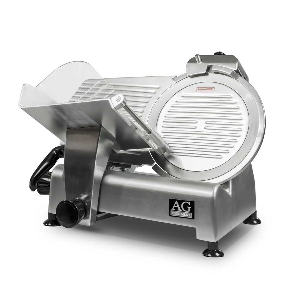 Angled view of a meat and food slicer, the AG Equipment's 300ES-12, 12" 300mm blade model, in a neutral position.