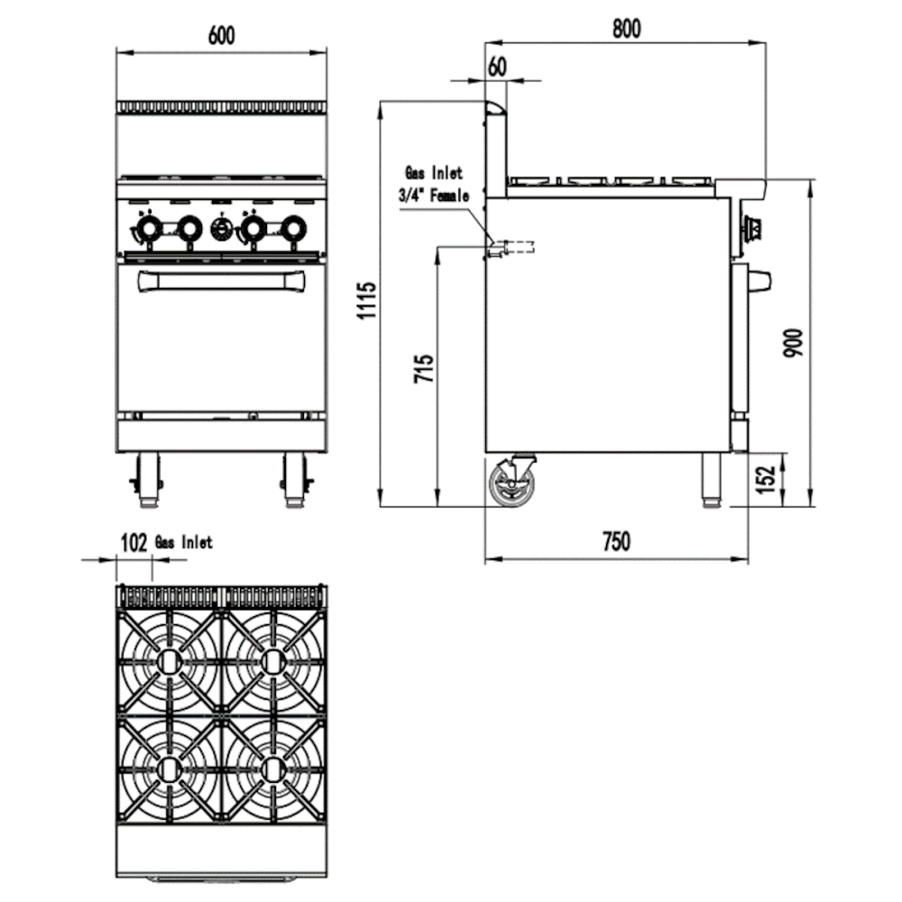 Four Burner Gas Cooktop Range with Oven - 600mm width - LPG