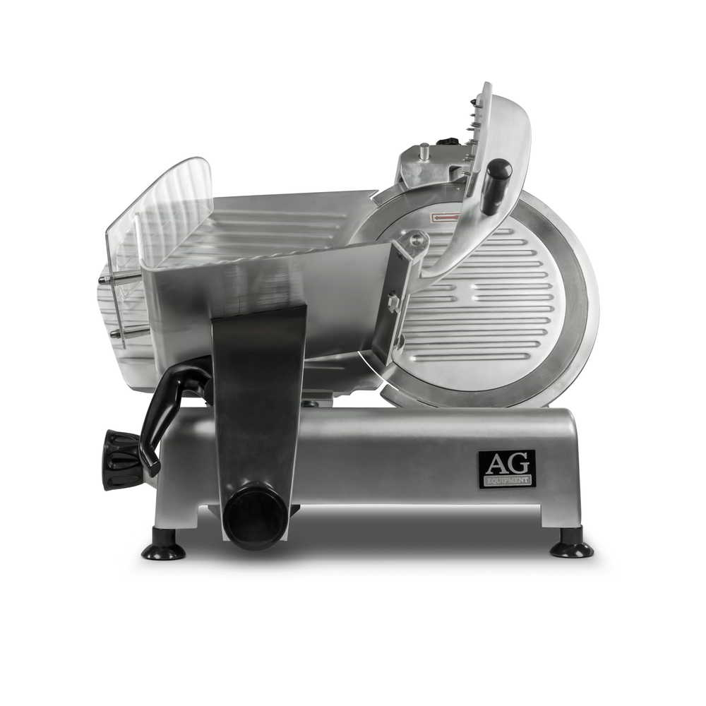 Side view of a Commercial grade slicer with the sliding carriage away from the blade and the food holder arm up.