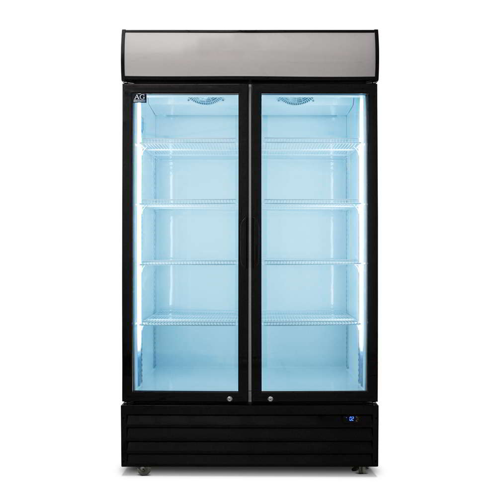 Front view of a glass door fridge with doors closed, the top light box turned off and the main cabin LEDs turned on.
