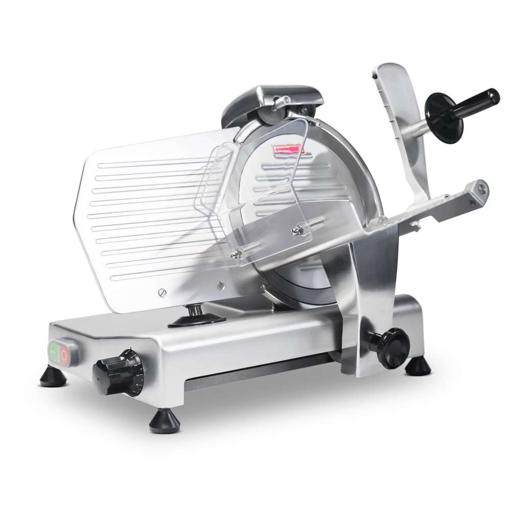 Angled view of the 10" 250mm countertop meat slicer with the sliding carriage towards the blade and the food holder arm up.
