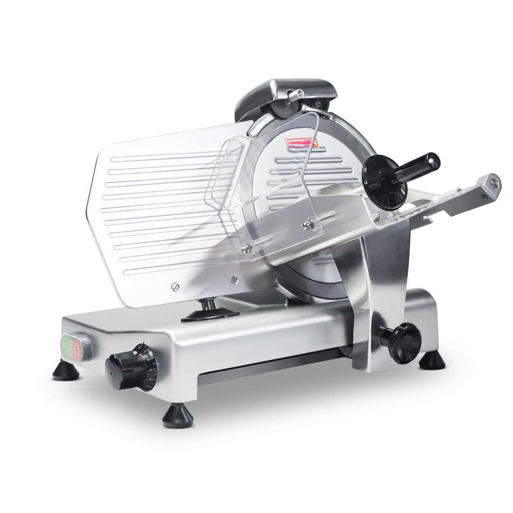 Angled view of the adjustable meat slicer with the sliding carriage towards the blade and the food holder arm down.