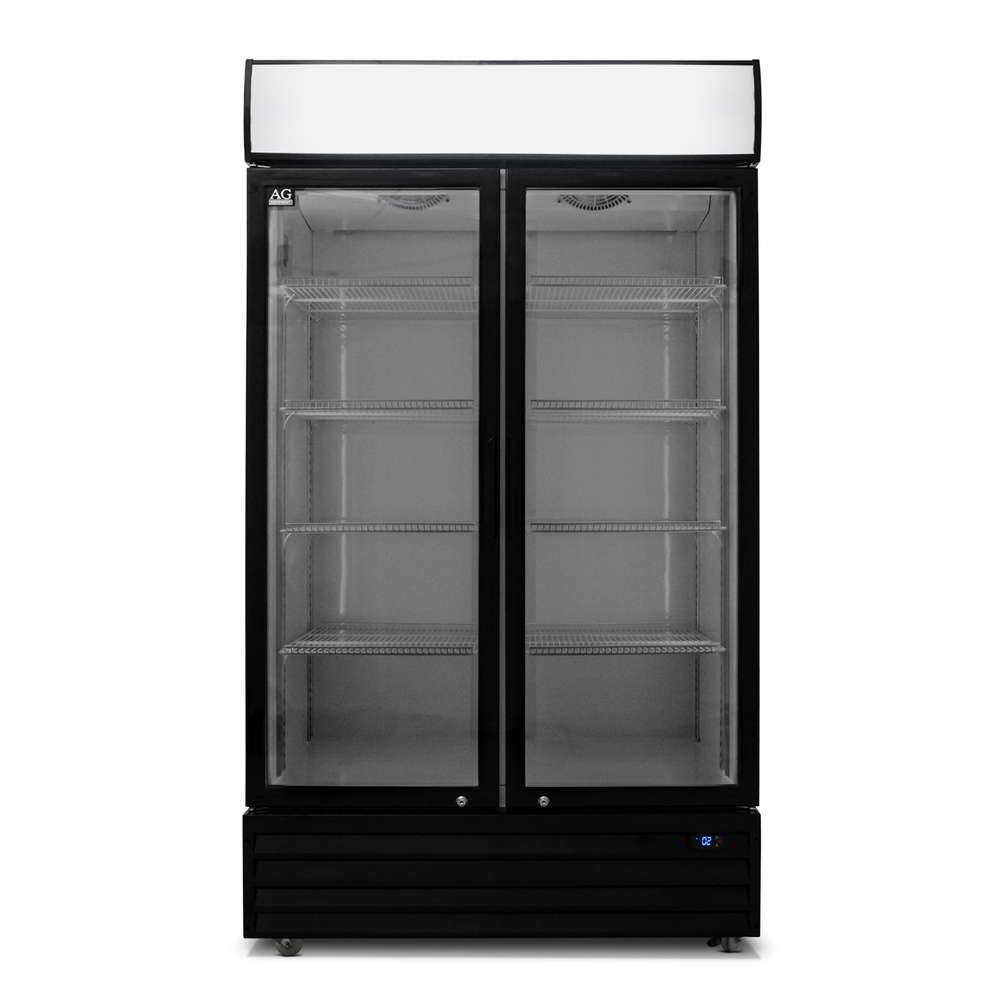 Front view of grocery store fridge with doors closed, the top light box turned on and the main cabin LEDs turned off.
