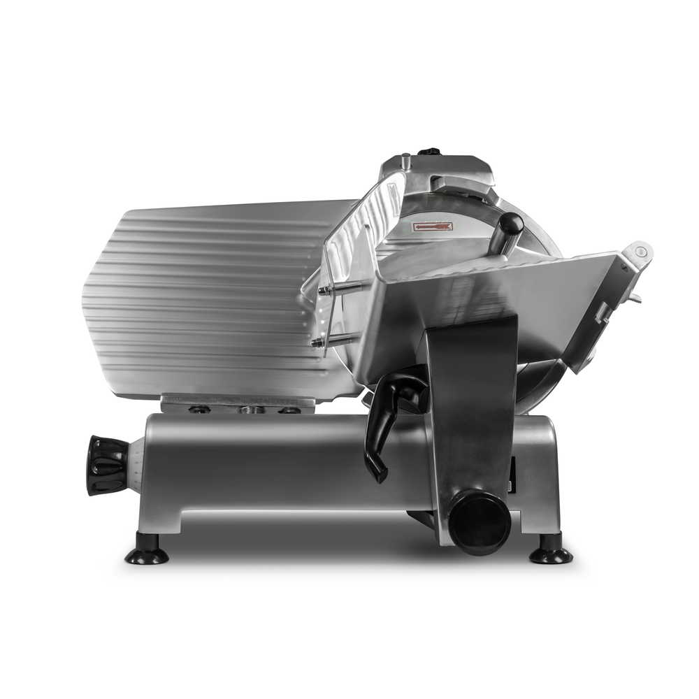 Side view of the 12" 300mm food slicer with the sliding carriage towards the blade and the food holder arm down.