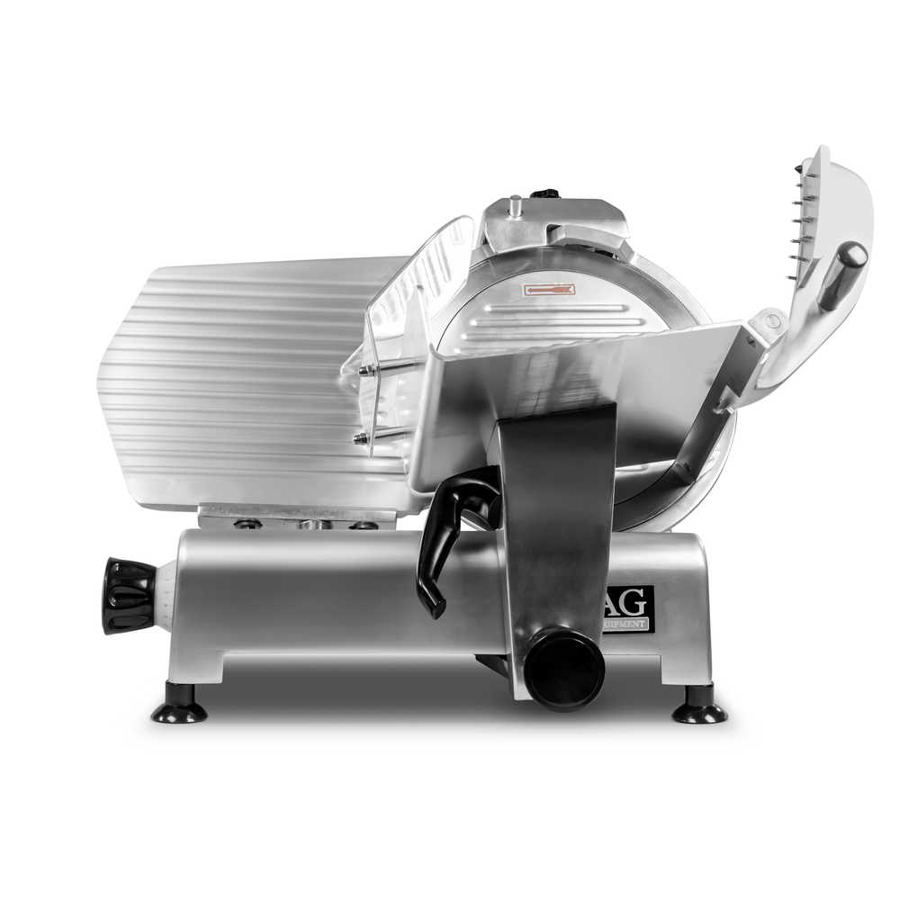 Front view of the 12" 300mm countertop meat slicer with the sliding carriage towards the blade and the food holder arm up.