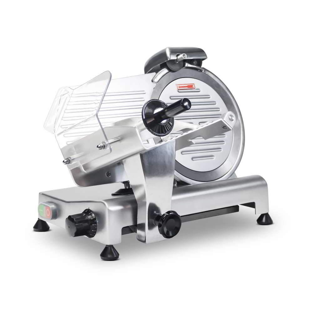 Angled view of the heavy-duty meat slicer with the sliding carriage away from the blade and the food holder arm down.