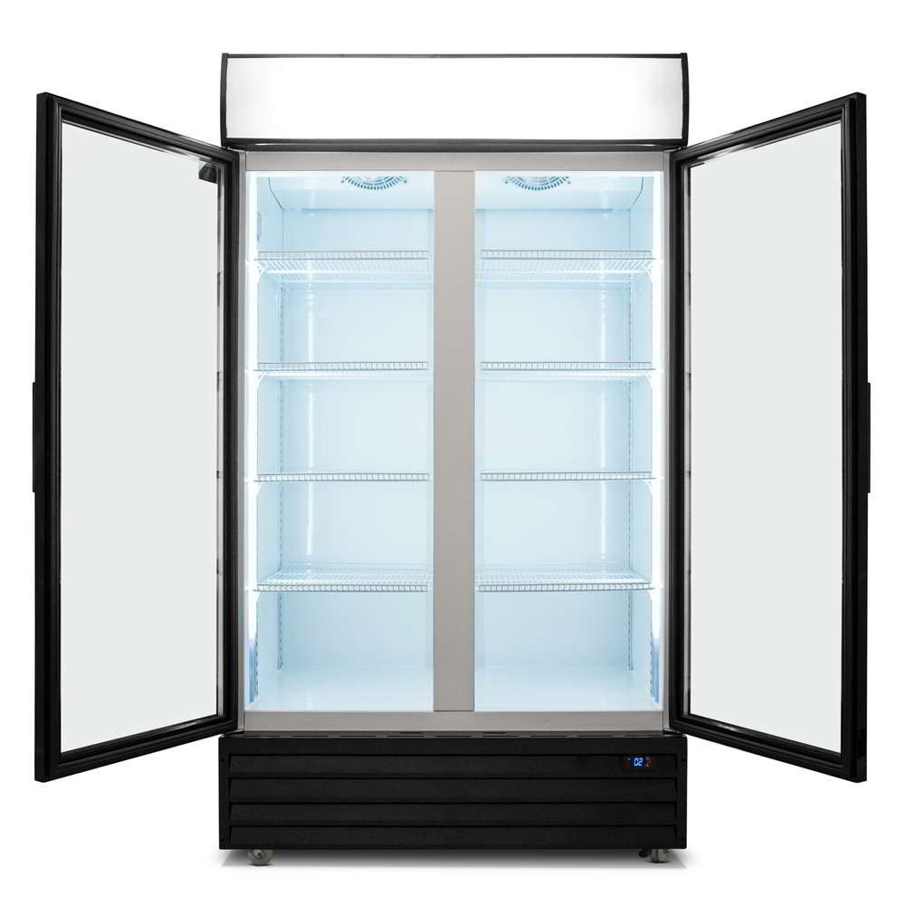 Front view of retail display cooler with both doors opened, and both of the top light box and main cabin LED lighting on.