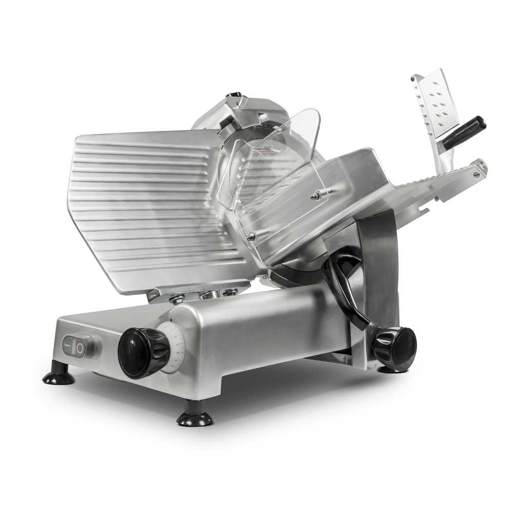 Angled view of a 300mm precision meat slicer with the sliding carriage toward the blade and the food holder arm up.
