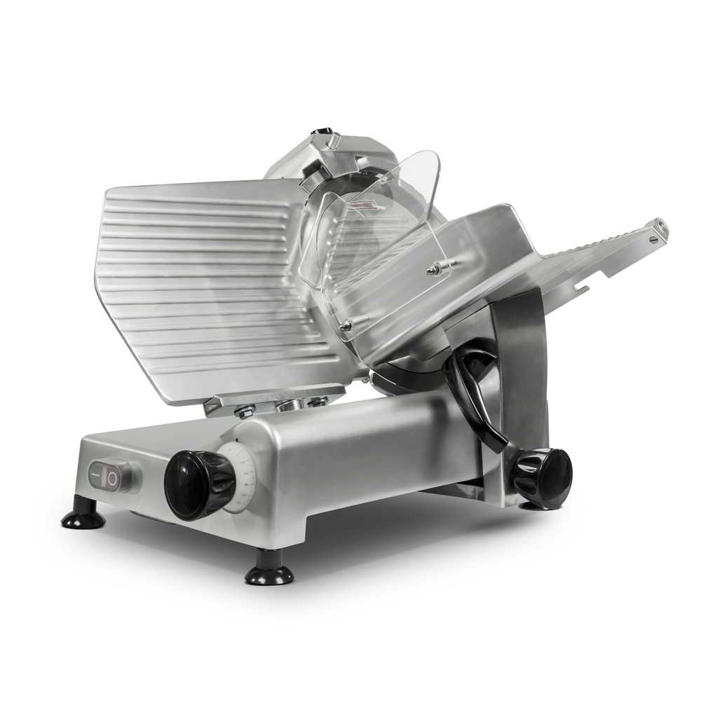 Angled view of the 12" 300mm adjustable slicer with the sliding carriage towards the blade and the food holder arm down.