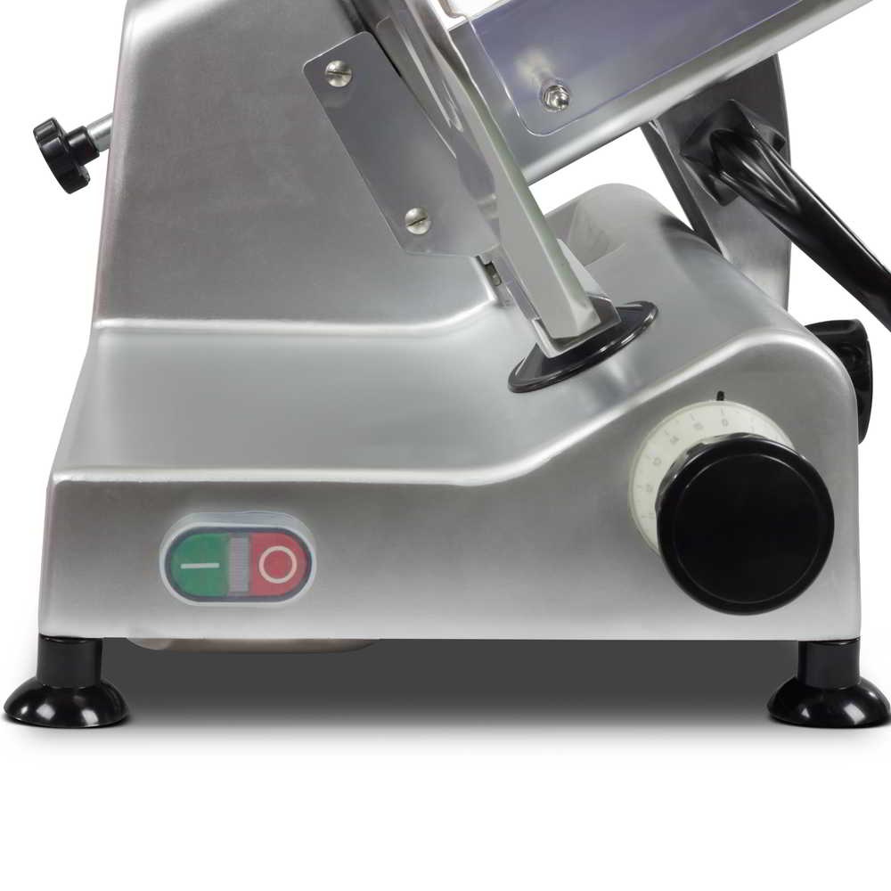 Side view of the 12" 300mm heavy-duty slicer where the slice thickness adjustment dial and on/off switch are located.