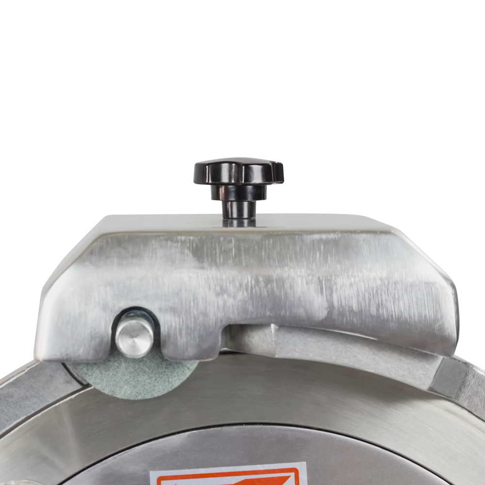 Close-up front view of the sharpening stone assembly on the 300ES-12 meat and food slicer.