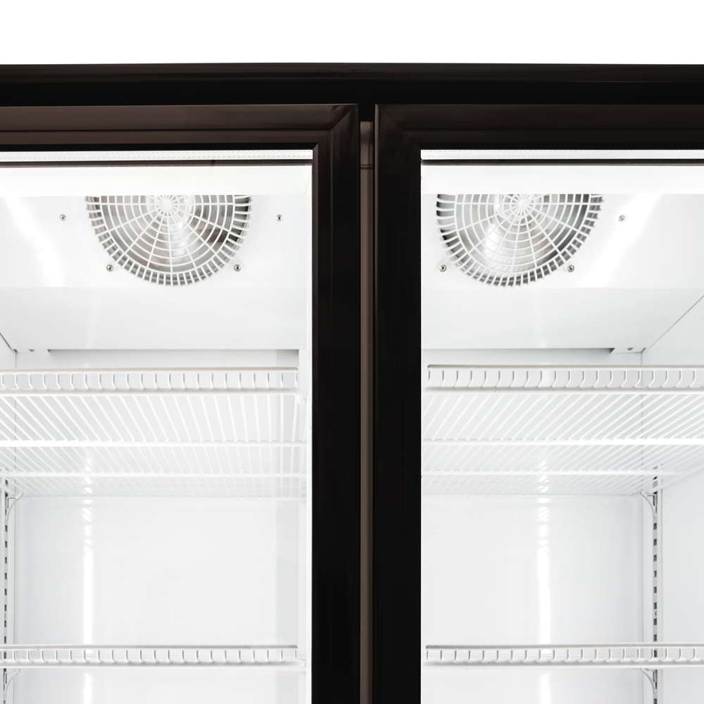 Front close-up view of an upright display fridge. It shows within the fridge, the extraction fan, shelves and anchoring rails