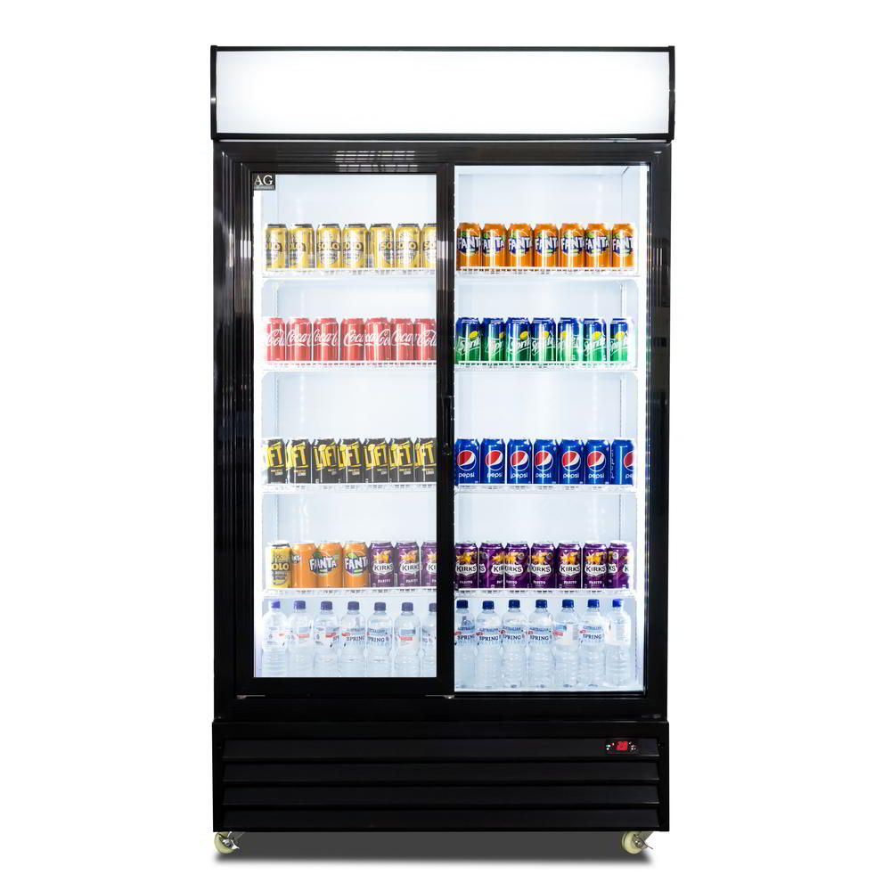 Front view of a sliding glass doors fridge with the right door opened. Populated with beverages, all lighting is turned on.