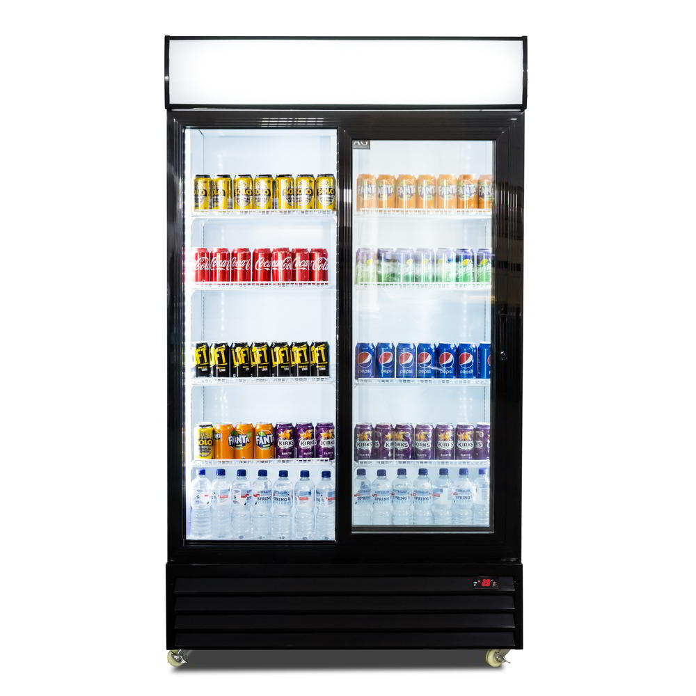 Front view of a sliding glass doors fridge with the left door opened. Filled with beverages and all lights are turned on.