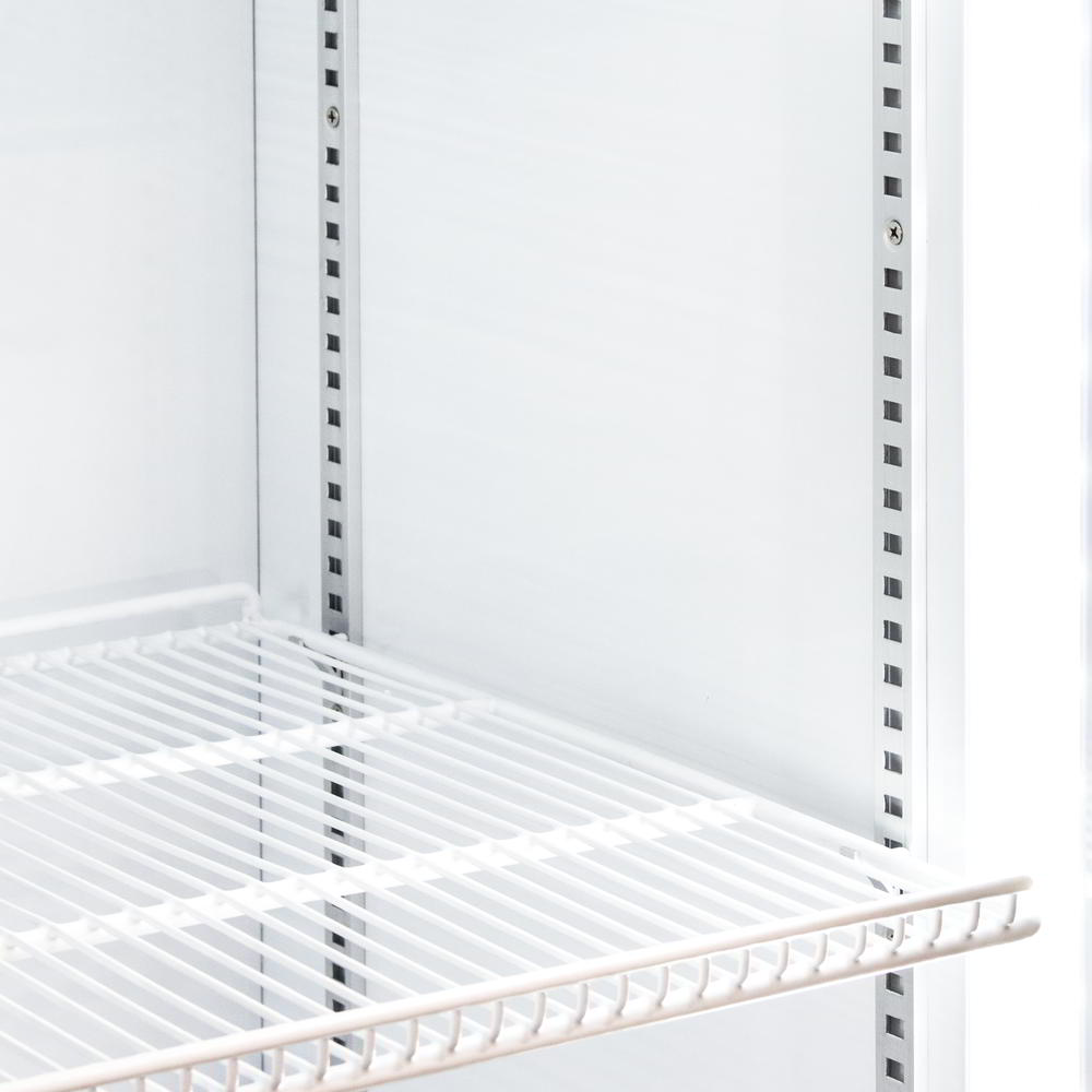 A close-up view of the shelf and anchor rails for AG Equipment's merchandising display fridge.