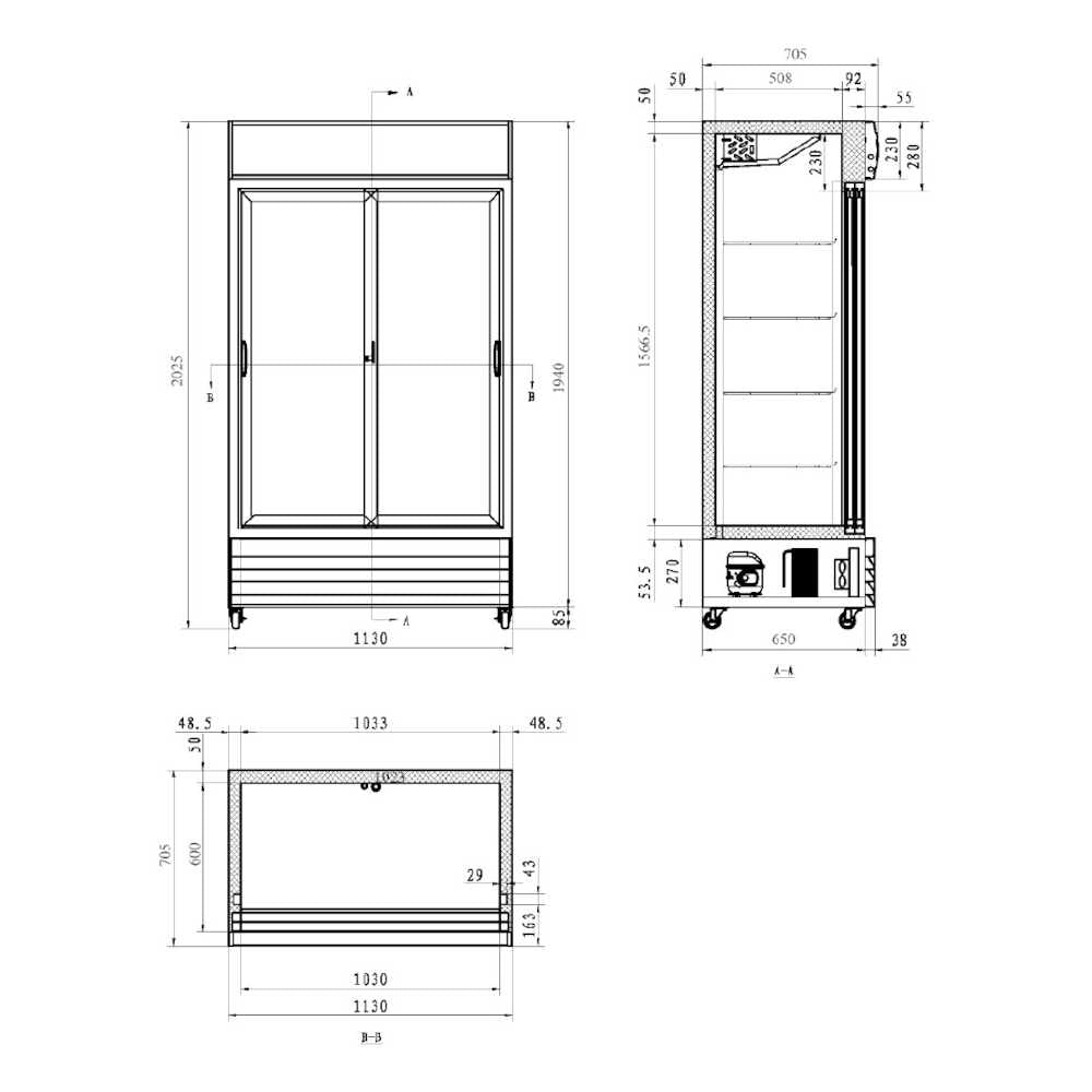 Top, front and side CAD drawings of AG Equipment's double sliding door display refrigerator.