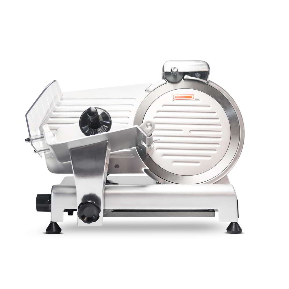 Front view of the 10" 250mm deli slicer with the sliding carriage away from the blade and the food holder arm down.